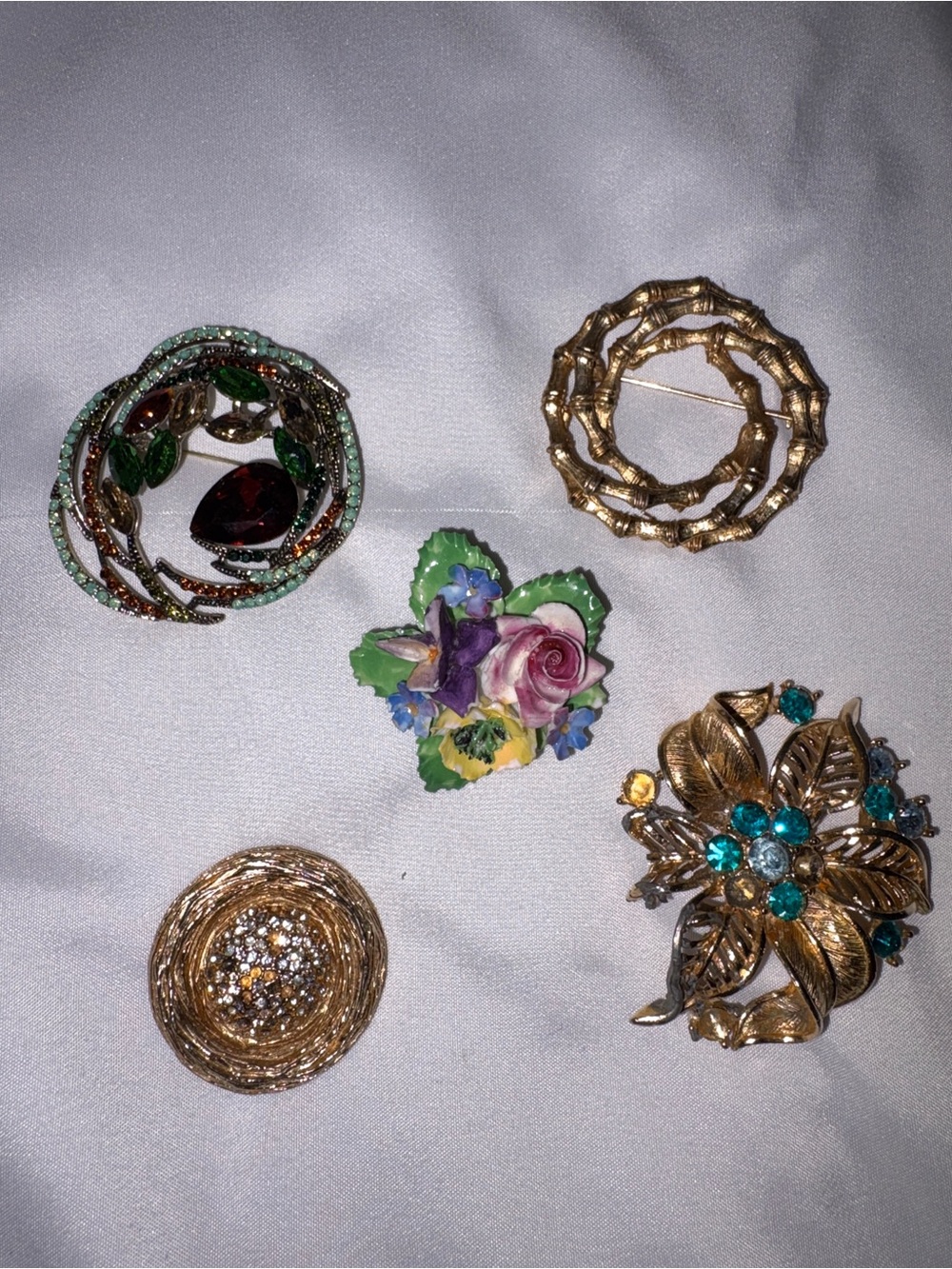 Lot of 5 Vintage Costume Brooches | Gold Tone Rhinestone Floral